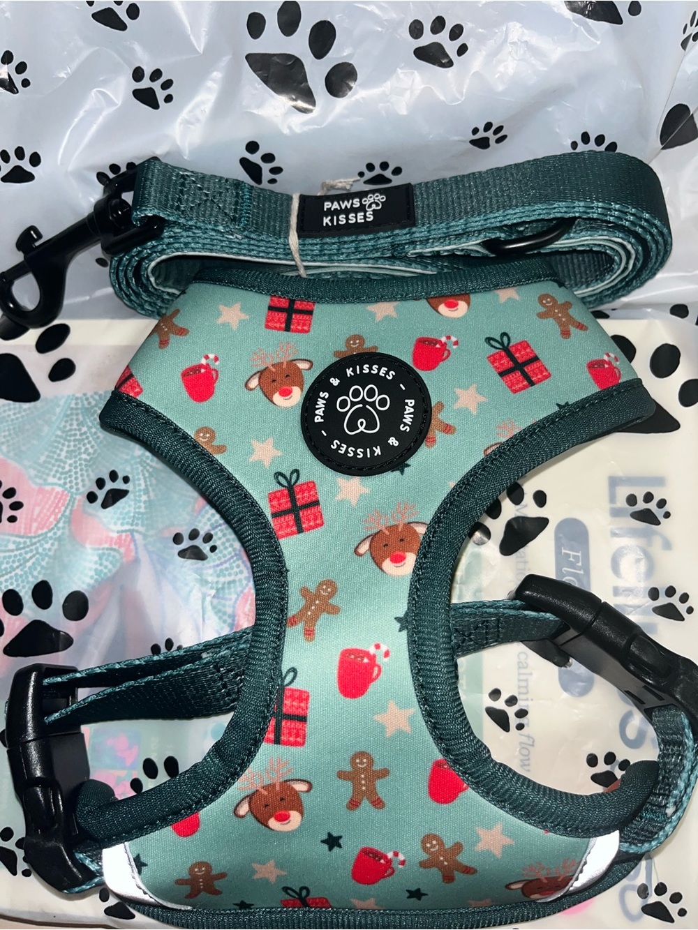 Teal/ Forest Green/ Orange double sided Winter/ Fall Dog Harness